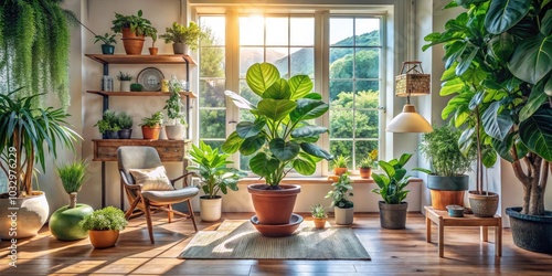 Long Exposure Photography of Fiddleleaf Fig and Home Decorative Plants in a Cozy Indoor Setting, Showcasing Plant Care and Creative Arrangements for a Lush Atmosphere photo