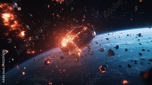 Obraz na płótnie Satellite collision generating debris cloud threatening space assets. AI generated.