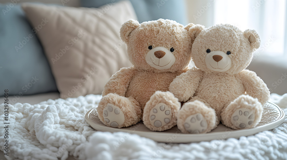 Charming Stuffed Bears on a Decorative Plate Creating a Whimsical Atmosphere Charming Stuffed Bears on a Decorative Plate Creating a Whimsical Atmosphere