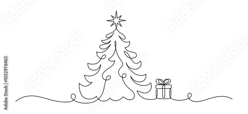 One continuous line drawing of Christmas tree with star on top. Festive pine plant and gift box in simple linear style.Editable stroke. Doodle monoline vector illustration