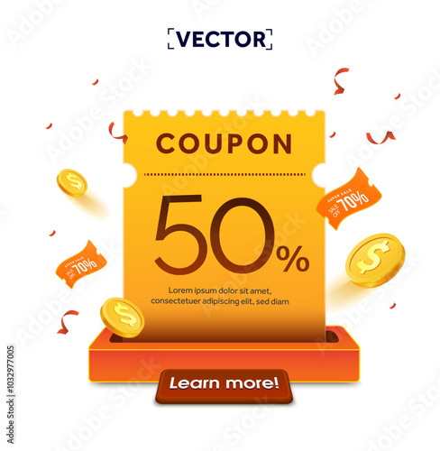 3d coupon is being printed from a slot going up with coupon code, price percentage off, flying golden coins, isolated on white background. Press button to print discount voucher. Vector illustration