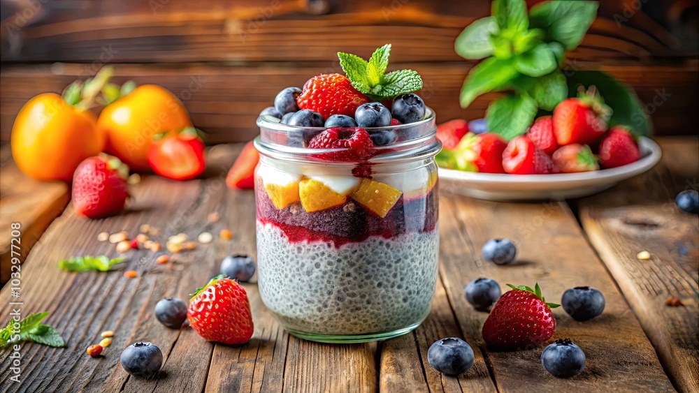 Mason Jar Chia Pudding with Coconut Milk and Berries - A Healthy Dessert Delight in Panoramic Photography Mason Jar Chia Pudding with Coconut Milk and Berries - A Healthy Dessert Delight in Panoramic Photography