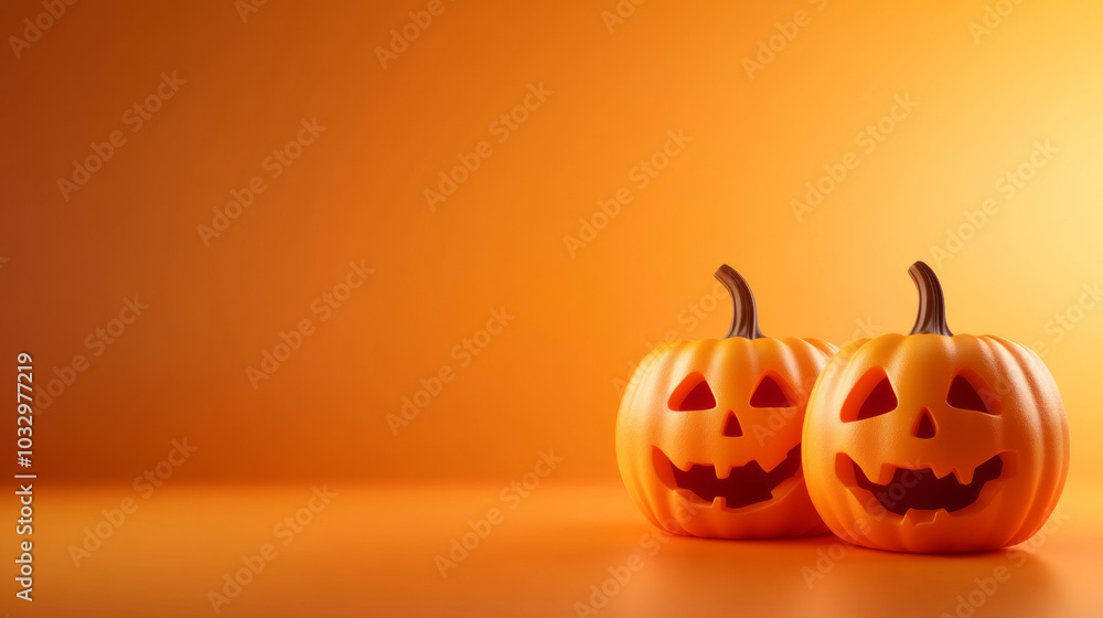 3D halloween pumpkins jack-o-lantern decoration orange background with copy space 3D halloween pumpkins jack-o-lantern decoration orange background with copy space