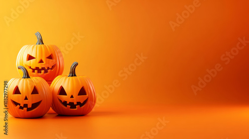 3D halloween pumpkins a pile of jack-o-lantern decoration orange background with copy space