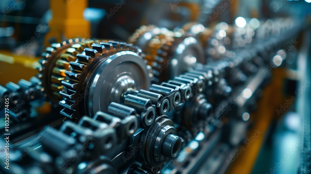Close-up of the machine chain and gears on an industrial production line. Close up shot with high resolution photography and professional color grading. Close-up of the machine chain and gears on an industrial production line. Close up shot with high resolution photography and professional color grading.