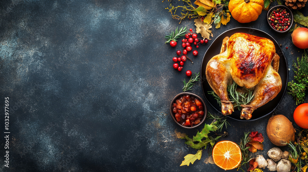 3D thanksgiving roasted turkey with berry fruits pumpkin vegetables decoration celebration black food fashion cement background with copy space 3D thanksgiving roasted turkey with berry fruits pumpkin vegetables decoration celebration black food fashion cement background with copy space
