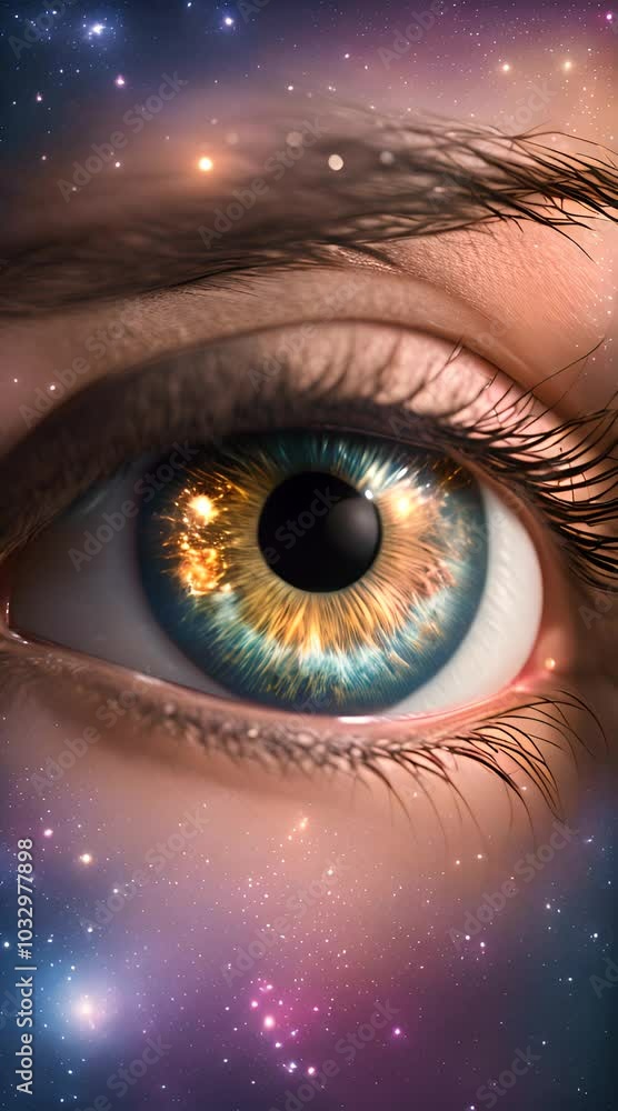 A giant eye with a twinkling, starry sky as the iris, and the turning planet Earth as the pupil A giant eye with a twinkling, starry sky as the iris, and the turning planet Earth as the pupil