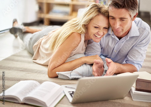 Laptop, relax and mature couple in home planning vacation with online budget together. Research, computer and man and woman booking hotel, plant ticket or accommodation for holiday or weekend trip.