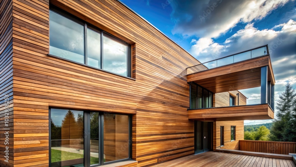 Modern Architecture with Wooden Thermo Ash Cladding - A Stunning Detail of Sustainable Building Design, Showcasing Warm Tones and Innovative Textures in Contemporary Structures Modern Architecture with Wooden Thermo Ash Cladding - A Stunning Detail of Sustainable Building Design, Showcasing Warm Tones and Innovative Textures in Contemporary Structures