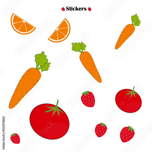 Stickers de frutas y verduras. Ilustracion de stikers. 2500x2500 px