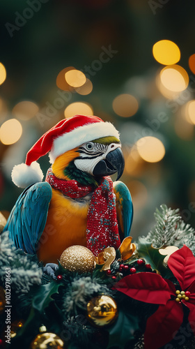 a parrot with a christmas hat and decorations on a christmas tree during christmas eve with fun pets