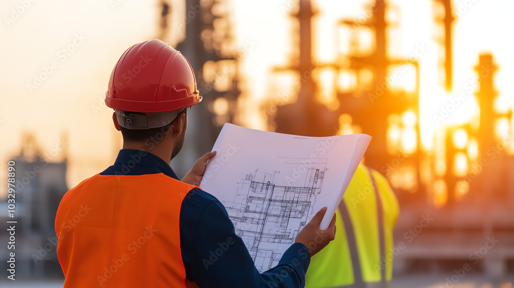 Construction worker analyzing blueprints at a refinery site during sunset, focused on project details, safety gear visible against industrial backdrop. Construction worker analyzing blueprints at a refinery site during sunset, focused on project details, safety gear visible against industrial backdrop.