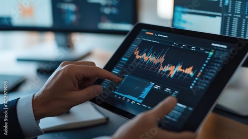 A person analyzing data on a tablet, showcasing financial graphs and metrics for decision-making.