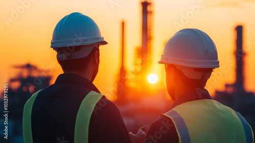 Two construction workers wearing helmets, observing the sunset behind an industrial skyline, presenting a blend of nature and industry.