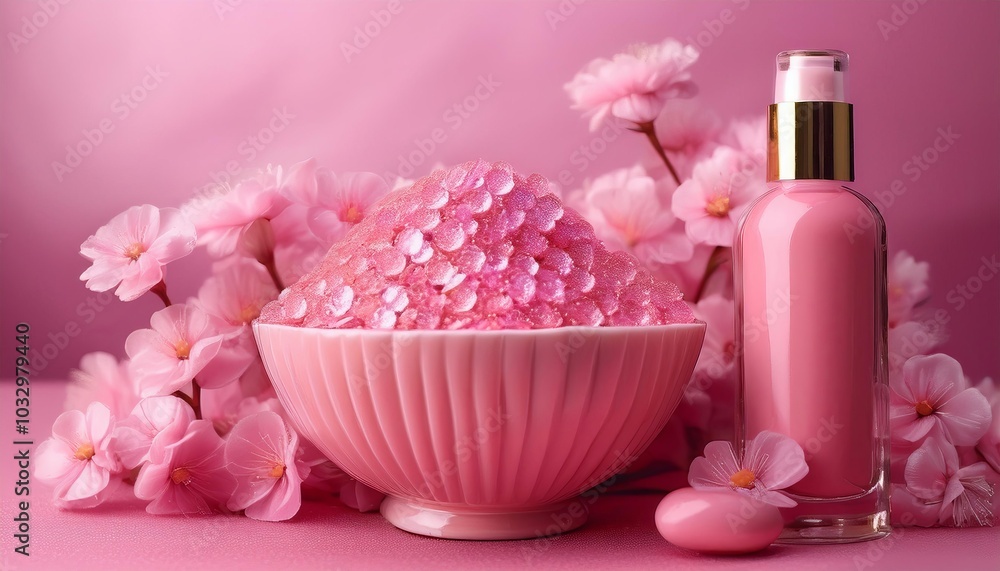 pink rose soap and bottle. pink rose soap and bottle.