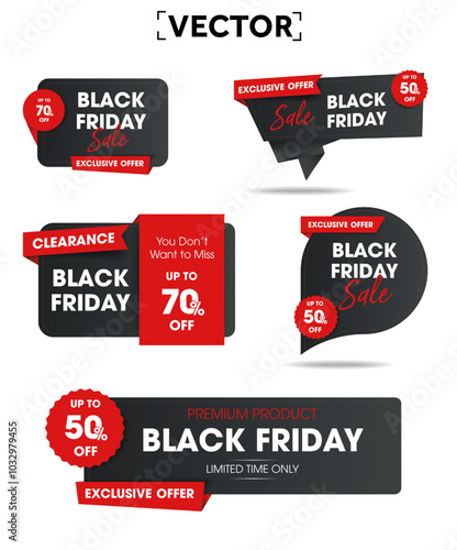 Black Friday sale labels and badges, isolated on white background. Black Friday discount banner tag set with precent price off. Sticker template. Vector illustration. Vector illustration