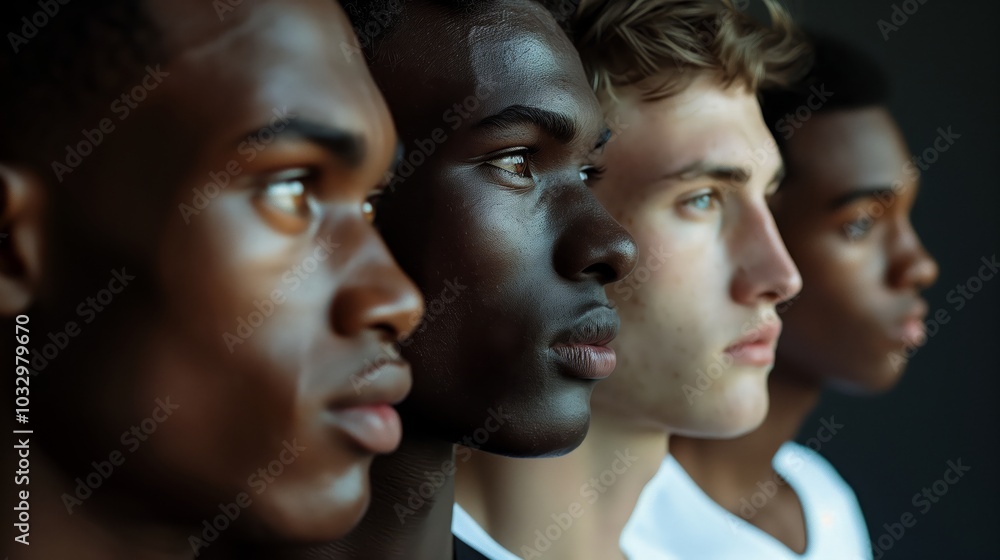 A group of young men with different skin tones looking straight ahead, captured in close-up A group of young men with different skin tones looking straight ahead, captured in close-up