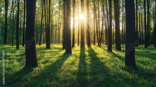 A serene forest scene with sunlight filtering through trees, casting long shadows on the lush green ground.