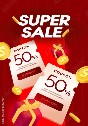 3d flying coupons with coupon code, percentage off, golden coins, gift boxes, isolated on red background. Super sale banner template. Unlimited discount voucher giveaway. 3d Vector. Vector