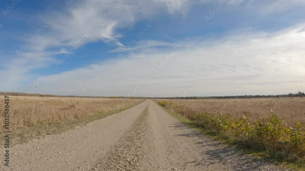 Driving on single lane rough gravel road through dry grass under blue sky with clouds
Driving on single lane rough gravel road through dry grass under blue sky with clouds