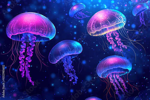 A vibrant underwater scene featuring glowing jellyfish in a dark ocean background.