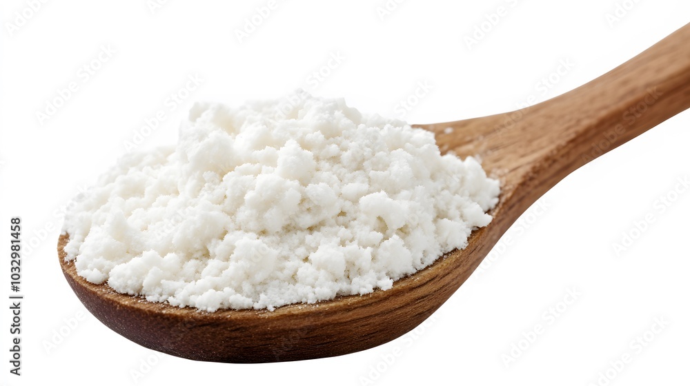 Close-up of tapioca starch or flour powder in wooden spoon on white background. Close-up of tapioca starch or flour powder in wooden spoon on white background.