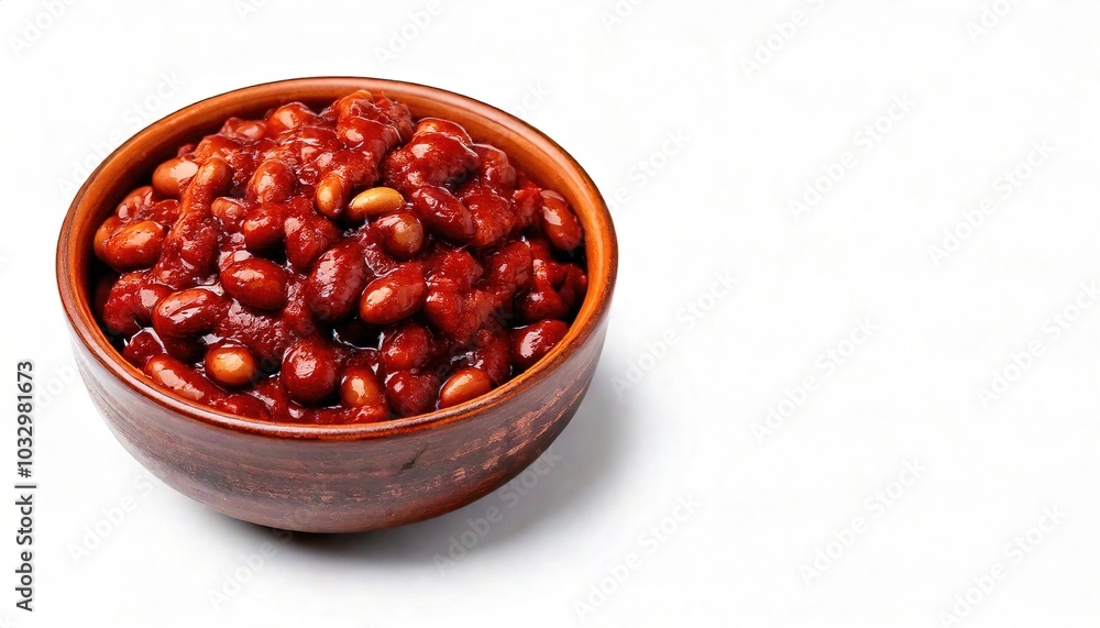 sweetened baked beans with maple syrup and brown sugar. Made with white common beans that are parboiled and then baked in sauce at low temperature for a lengthy period. Isolated on white background sweetened baked beans with maple syrup and brown sugar. Made with white common beans that are parboiled and then baked in sauce at low temperature for a lengthy period. Isolated on white background