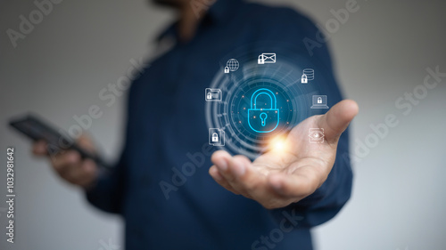 Картината върху платно Cybersecurity and data protection, Firewall systems safeguard information through encryption, securing user personal data with safe internet access