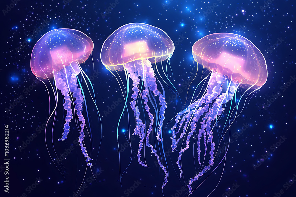 Three glowing jellyfish floating in a starry ocean background. Three glowing jellyfish floating in a starry ocean background.