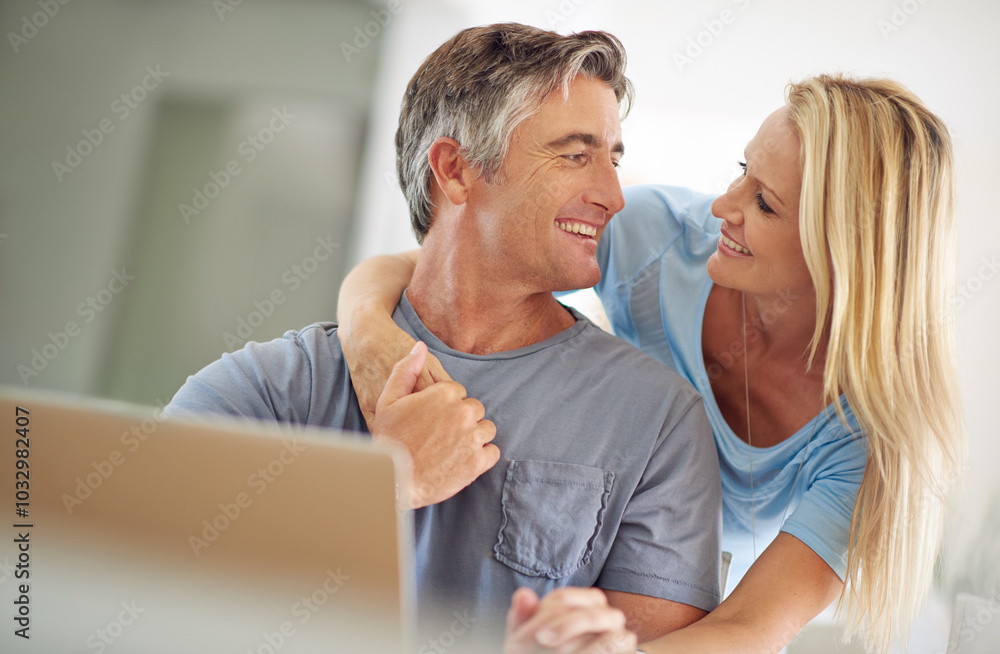 Home, couple hug and website with laptop for life insurance, online research and information. Mature people, woman and man with digital for investment, financial review and wife for support in house Home, couple hug and website with laptop for life insurance, online research and information. Mature people, woman and man with digital for investment, financial review and wife for support in house