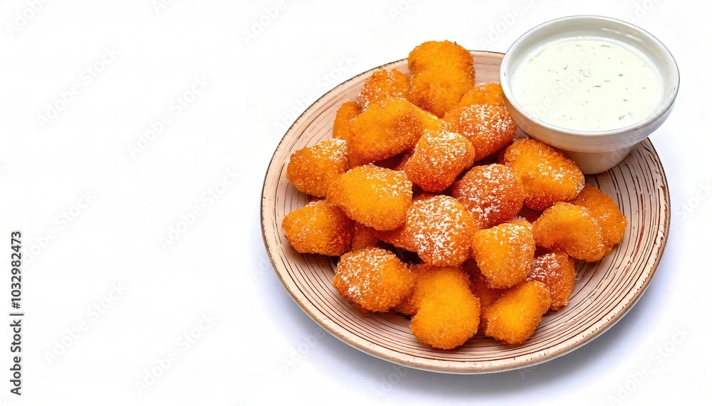 Deep fried sweet creamed corn nuggets are a crispy small, bite sized fritter crunchy on the outside soft inside. With ranch dressing dipping sauce. Isolated on white background with copy space Deep fried sweet creamed corn nuggets are a crispy small, bite sized fritter crunchy on the outside soft inside. With ranch dressing dipping sauce. Isolated on white background with copy space