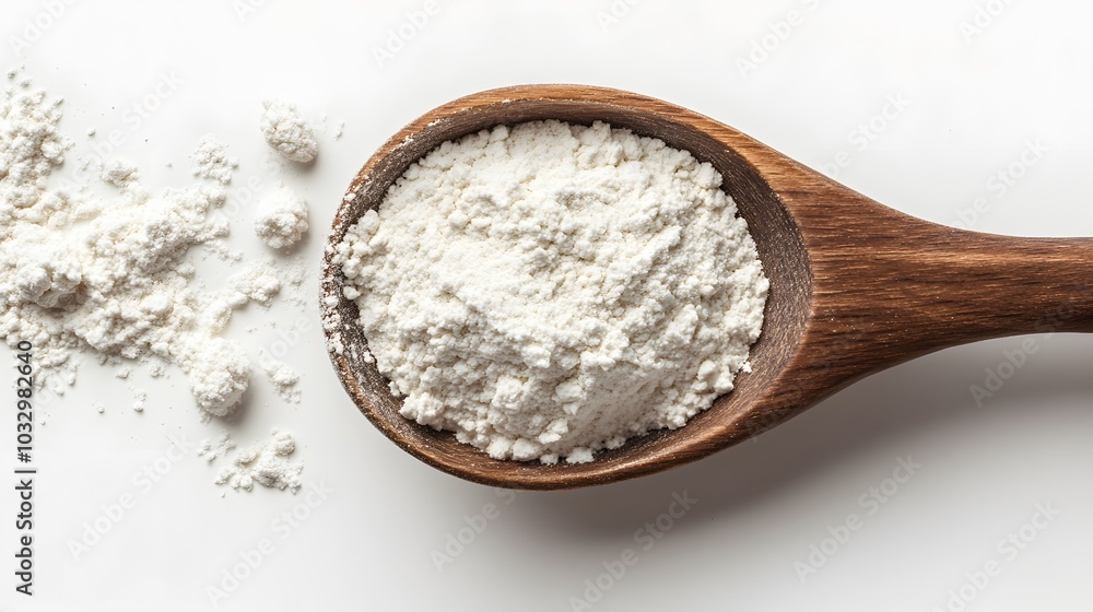 Close-up of tapioca starch or flour powder in wooden spoon on white background. Close-up of tapioca starch or flour powder in wooden spoon on white background.
