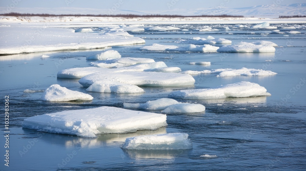 Obraz premium A frozen river with ice floes floating on the water.