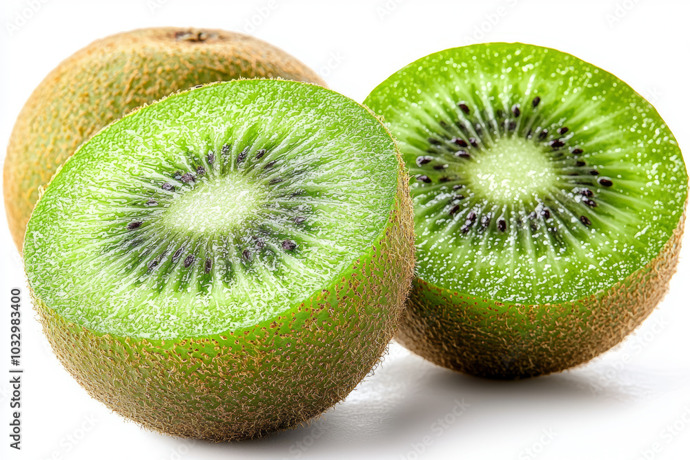 A kiwi fruit sliced in half and isolated on a white background shows its bright green flesh. Concept of fruit isolated on white. A kiwi fruit sliced in half and isolated on a white background shows its bright green flesh. Concept of fruit isolated on white.