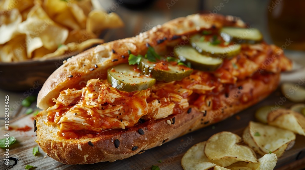 A baguette sandwich with chicken, buffalo sauce and pickles on top, next to potato chips. A baguette sandwich with chicken, buffalo sauce and pickles on top, next to potato chips.