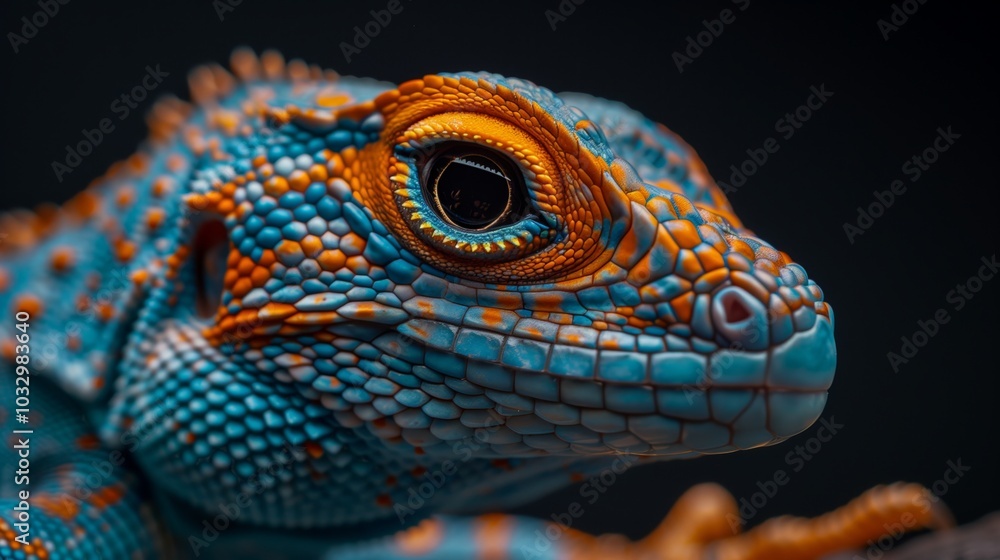 Obraz premium A close up of an exotic blue and orange lizard with intricate patterns on its skin