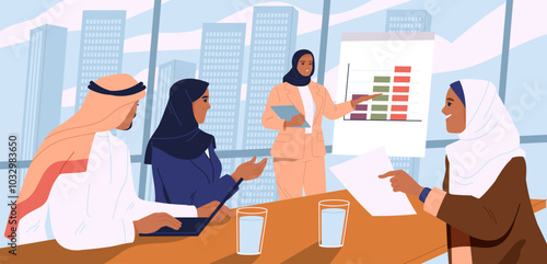 Arabic business people. Group of Saudi Arabian entrepreneurs discuss project at business meeting or conference in office. Colleagues and partners in traditional Arab clothing. Flat vector illustration
