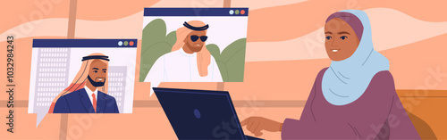 Arabic business people. Female entrepreneur in traditional Muslim clothing holds online meeting or conference with colleagues. Character communicates with partners. Flat vector illustration