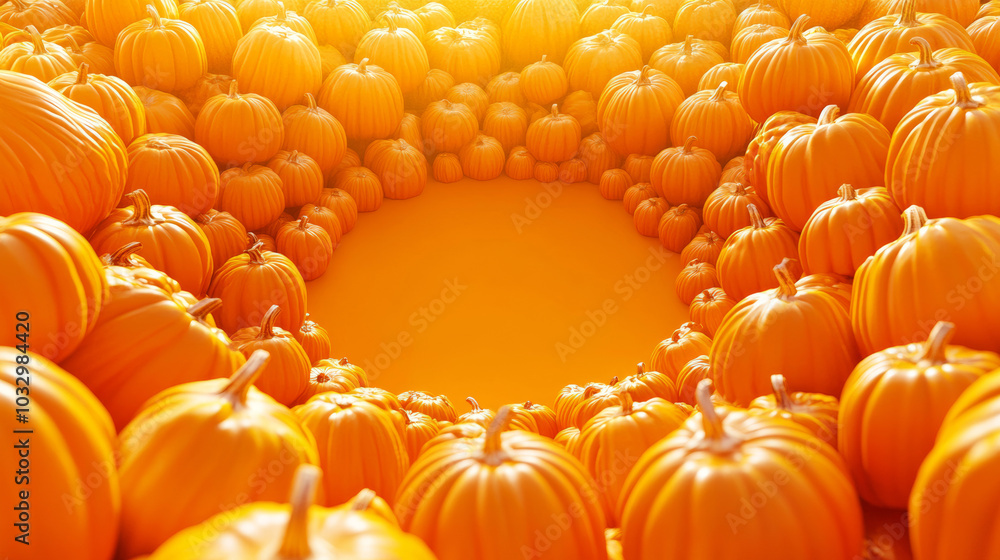 Fototapeta premium 3D pumpkins squash pile food decoration vibrant orange yellow food autumn harvest vegetable background with copy space