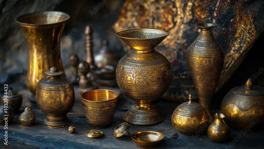 Ornate Brassware Displayed on Wooden Surface Ornate Brassware Displayed on Wooden Surface