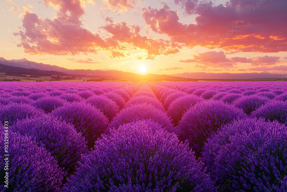 Obraz premium A field of lavender stretching into the horizon under a vibrant sunset sky captures a sense of calm and wonder. Concept of beauty in nature.