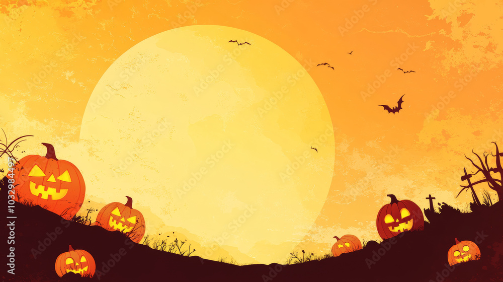 Halloween evil pumpkins jack-o-lantern silhouettes with a big moon and bats at night flat illustration decoration orange yellow background with copy space Halloween evil pumpkins jack-o-lantern silhouettes with a big moon and bats at night flat illustration decoration orange yellow background with copy space