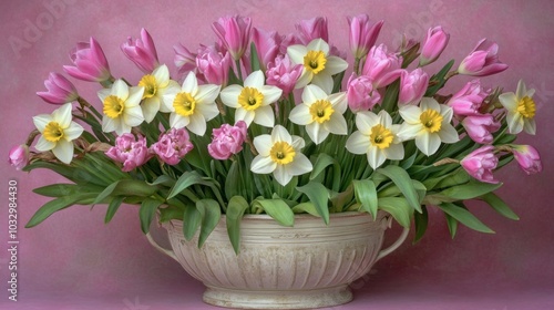 Wallpaper Mural A white ceramic vase filled with pink tulips and yellow daffodils, arranged in a symmetrical pattern, against a soft pink background. Torontodigital.ca