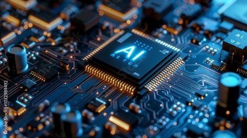 3D rendering of "AI" text on a chip against a blue circuit board background