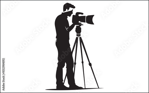 Photograph and photo camera on street. Isolated silhouettes of people on white background