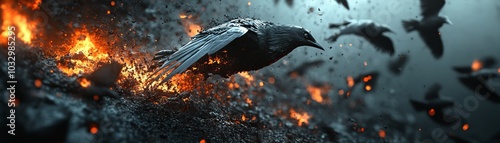 A majestic bird ascends from fiery ashes symbolizing resilience and transformation in a chaotic landscape of flight and fire