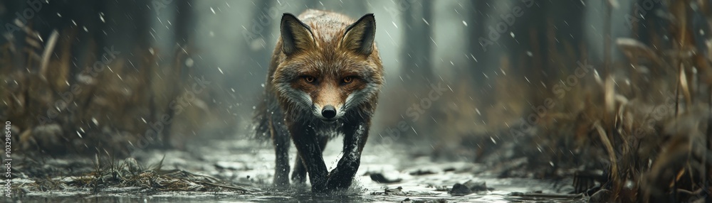 A wild fox navigates through a misty forest amidst gentle raindrops capturing the essence of nature's beauty and wildlife resilience A wild fox navigates through a misty forest amidst gentle raindrops capturing the essence of nature's beauty and wildlife resilience