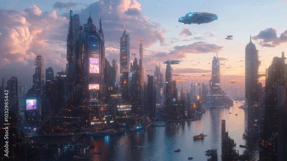 Fototapeta premium Futuristic cityscape at dusk a vibrant urban landscape with floating vehicles and reflected lights on water