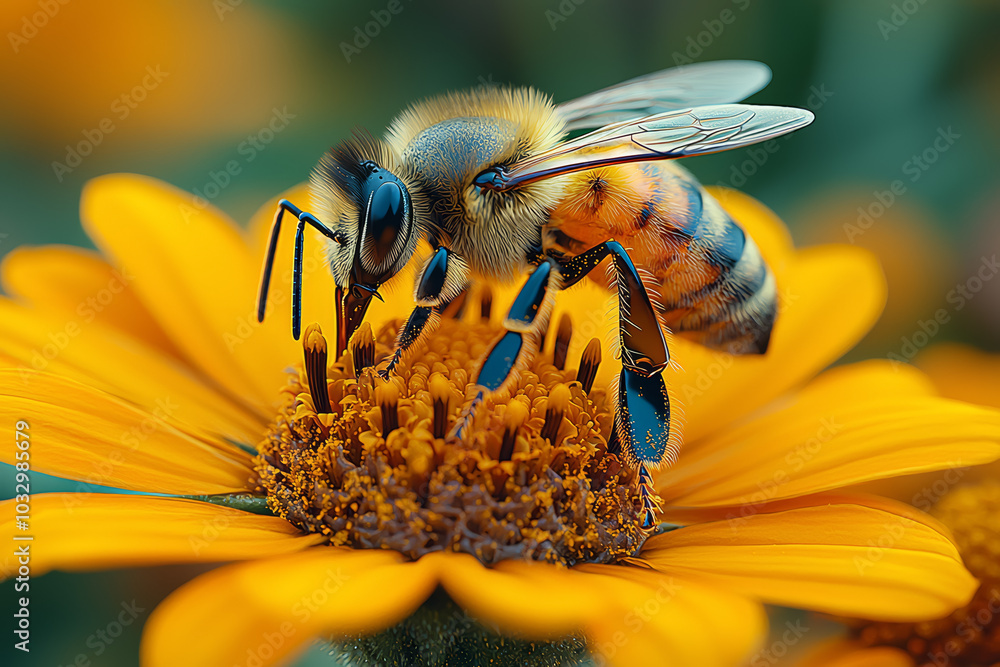 A close-up of a bee collecting nectar from a flower highlights the intricate beauty of nature's smallest creatures. Concept of beauty in nature. A close-up of a bee collecting nectar from a flower highlights the intricate beauty of nature's smallest creatures. Concept of beauty in nature.