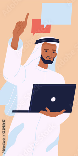 Arabic business person. Male entrepreneur in traditional Saudi robe holds laptop and discusses startup idea with colleagues and partners. Company growth and development. Flat vector illustration